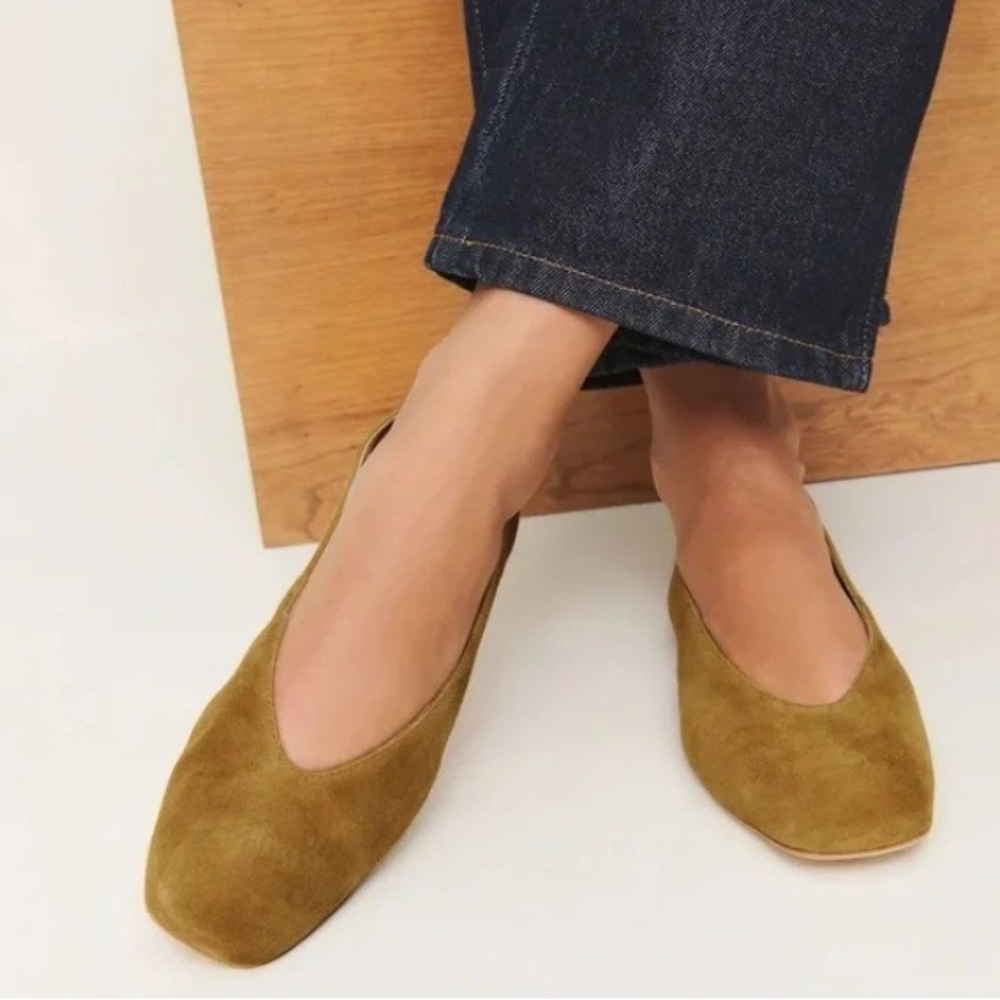 NEW Reformation Prudence Ballet Flats Olive Green Suede Square Toe Slip On 9 - Picture 2 of 7